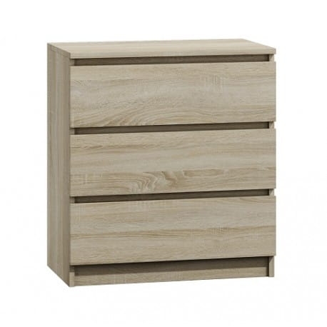 Komoda dąb sonoma nowoczesna, jasne wykończenie, trzy szuflady, prosta forma.