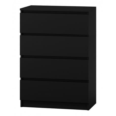 Czarna komoda wysoka z czterema szufladami, nowoczesna, matowa.