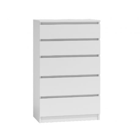 Biała komoda wysoka 5 szuflad do małych wnętrz.