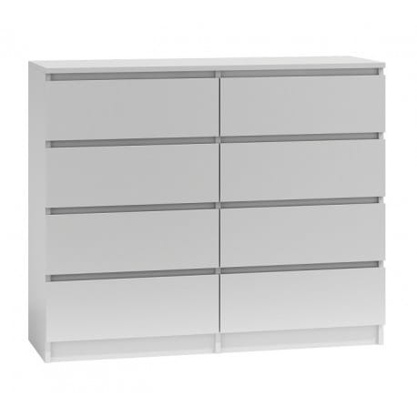 Biała komoda nowoczesna szeroka z ośmioma szufladami.