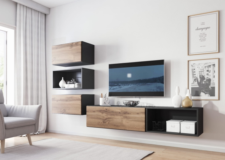 Zestaw mebli ROCO 4 z szafką RTV i trzema modułami ściennymi w salonie.