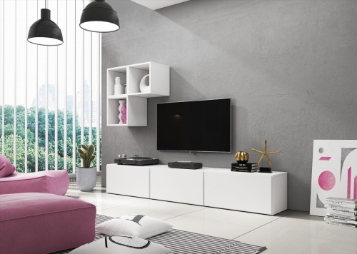 Zestaw mebli ROCO 6 z trzema półkami ściennymi i długą szafką RTV.