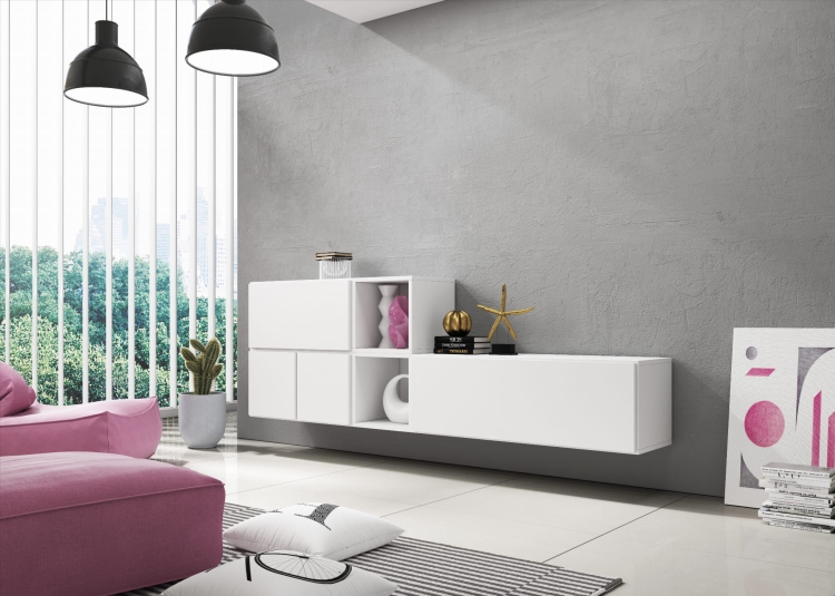 Zestaw mebli ROCO 9 z długą szafką RTV i bocznym modułem z półkami.