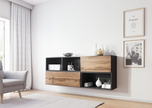 Zestaw mebli ROCO 16 z otwartymi półkami i czarnymi frontami.
