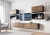 Zestaw mebli ROCO 3 z wiszącą szafką RTV i modułami ściennymi w nowoczesnym salonie.