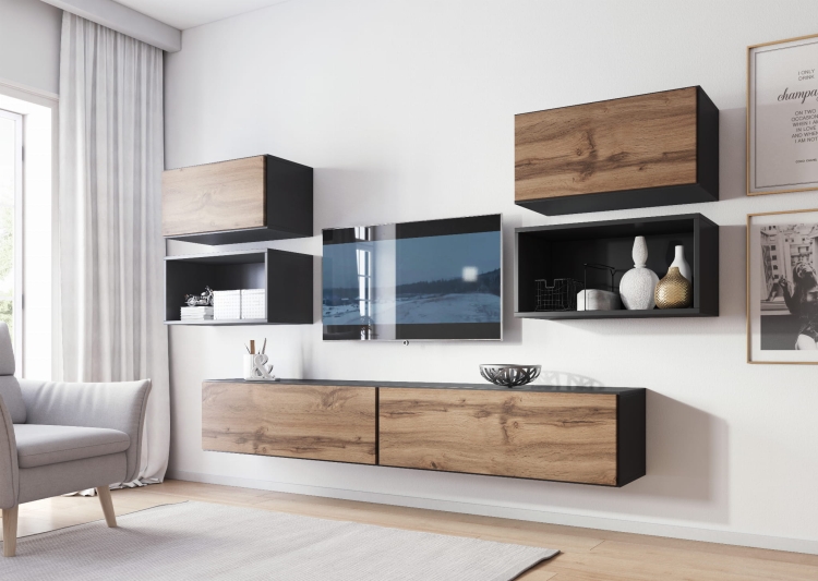 Zestaw mebli ROCO 3 z wiszącą szafką RTV i modułami ściennymi w nowoczesnym salonie.