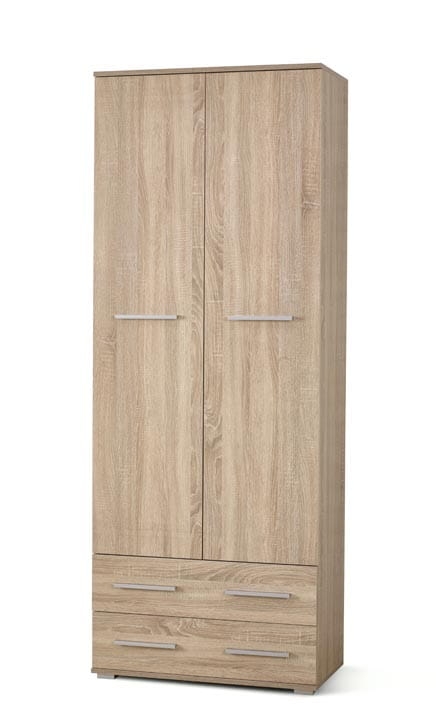 Regał dąb sonoma zamykany z półkami i szufladami do przechowywania.