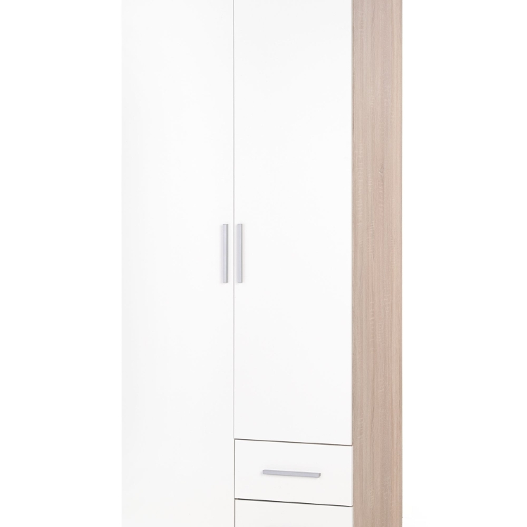 Szafa dąb sonoma z białym połyskiem do sypialni z półkami.