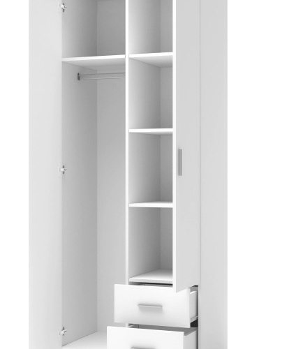 Szafa biała połysk do sypialni 80cm z półkami, miejscem na ubrania i szufladami.