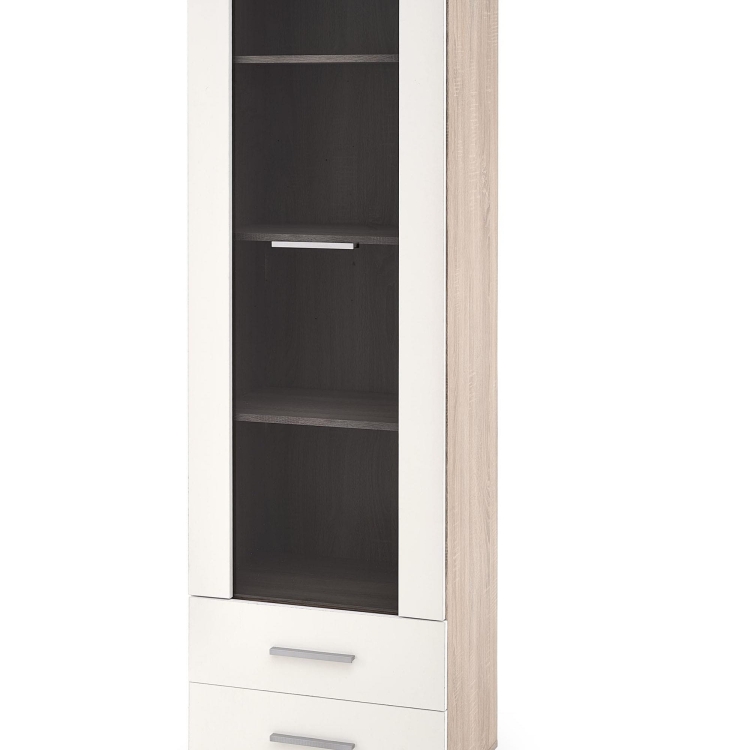 Witryna dąb sonoma biała połysk z szufladami i szkłem do salonu.