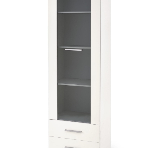 Witryna biała połysk z szufladami i szkłem do salonu.