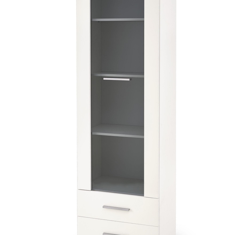 Witryna biała połysk z szufladami i szkłem do salonu.