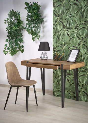 Nowoczesne biurko do komputera z drewnianym blatem i schowkiem.