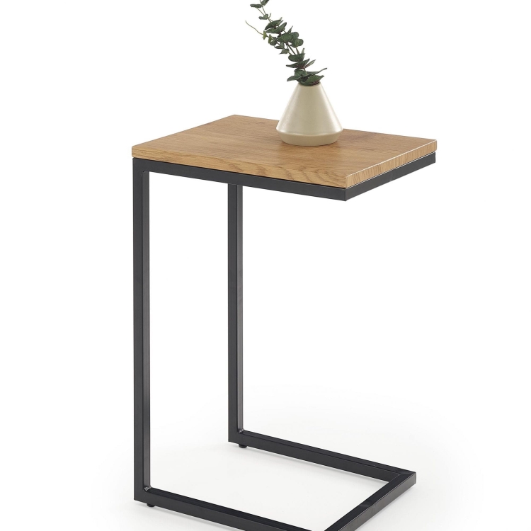 Stolik kawowy dąb złoty z czarną metalową podstawą w nowoczesnym stylu loft.