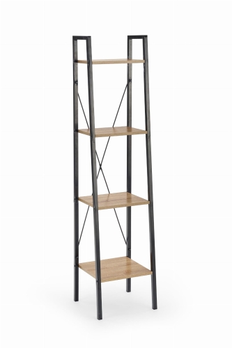 Wąski regał industrialny do salonu z czterema półkami na dekoracje.