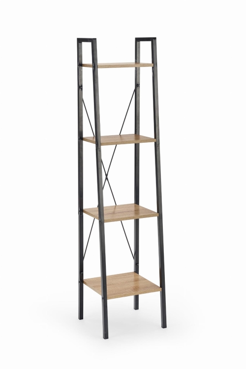 Wąski regał industrialny do salonu z czterema półkami na dekoracje.