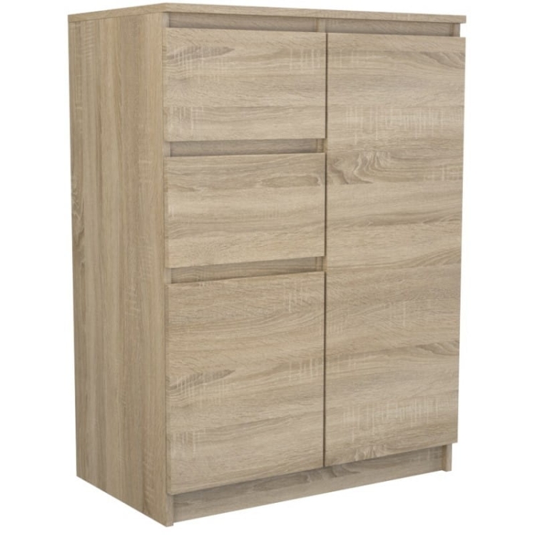 Komoda dąb sonoma 70 cm posiada dwie szuflady, dwie szafki oraz półki do wygodnego przechowywania.