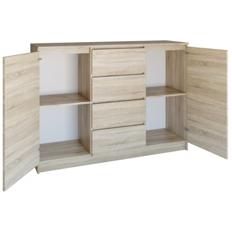 Pojemna komoda z prowadnicami rolkowymi zapewnia płynne wysuwanie szuflad i komfort użytkowania.