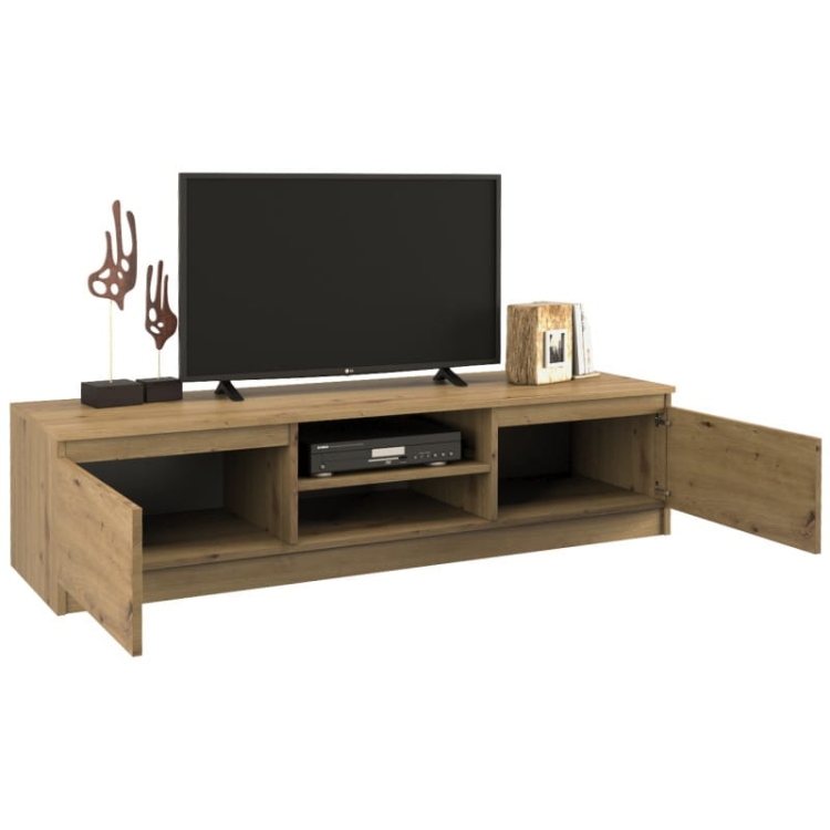 Szafka rtv 140 cm dąb artisan z funkcjonalną przestrzenią na sprzęt RTV i dekoracje.