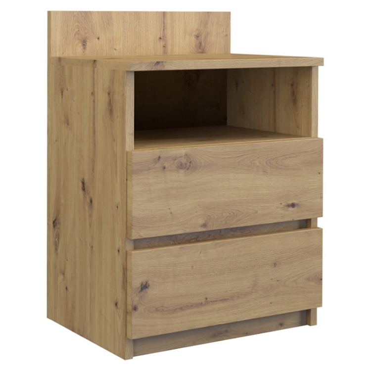 Stolik nocny dąb artisan 40 cm z półką i dwiema funkcjonalnymi szufladami.