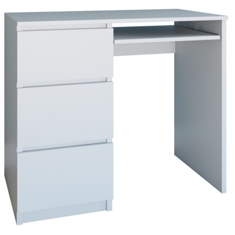 Białe biurko 98 cm z trzema szufladami do przechowywania dokumentów.