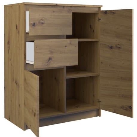 Komoda dębowa z półkami oferuje zamykane przestrzenie, praktyczne przechowywanie i estetyczny design.