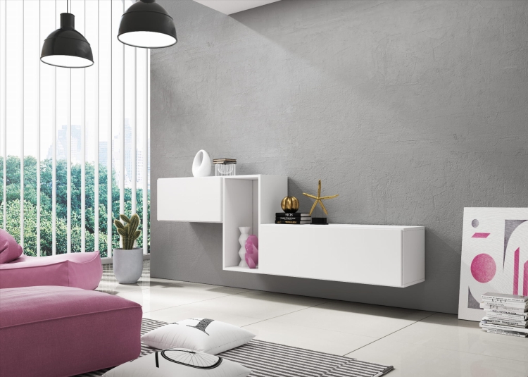 Nowoczesna zabudowa RTV z asymetrycznym układem i wnęką na dekoracje.