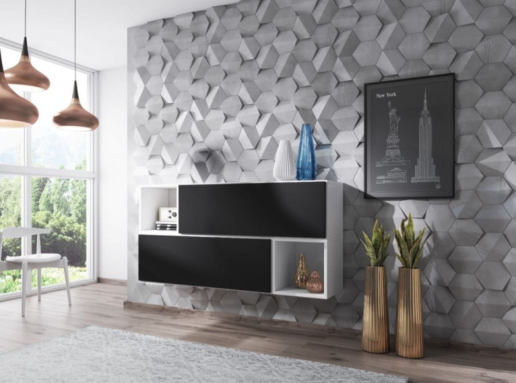 Nowoczesna komoda wisząca z wnękami na dekoracje i zamykanymi szafkami.