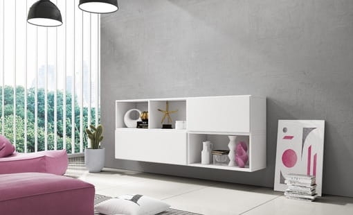 Szafka wisząca z półkami i zamykanymi segmentami do salonu.