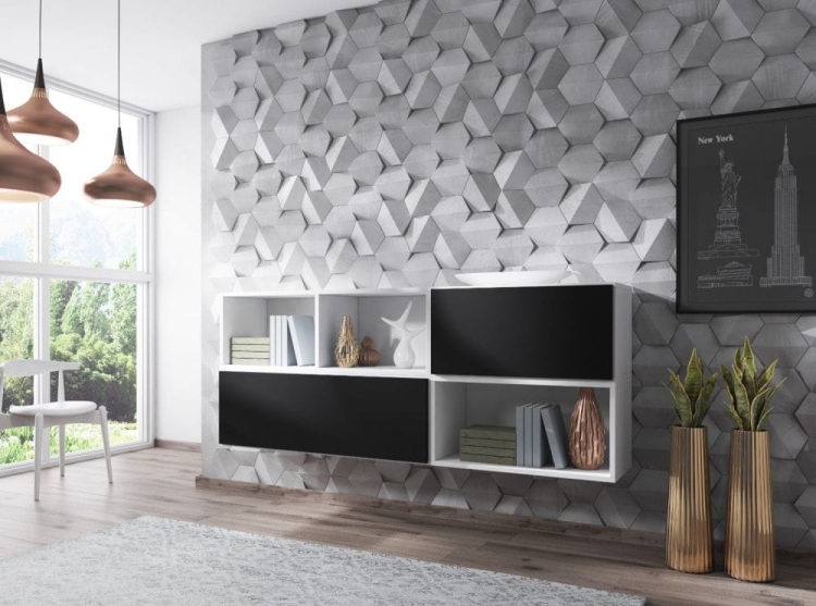 Nowoczesne meble do salonu z funkcjonalnym układem półek.