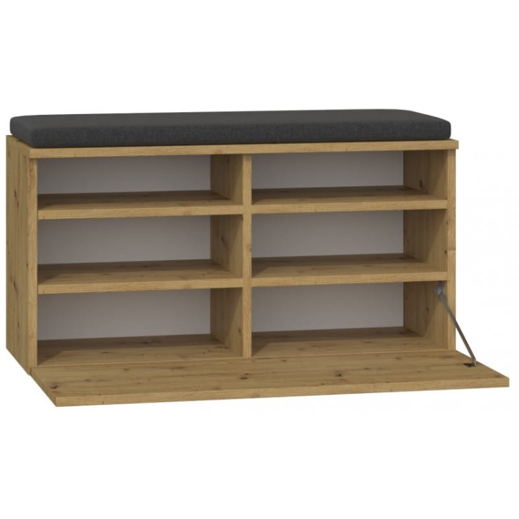 Szafka na obuwie z siedziskiem RIVIVA 85 cm w kolorze dąb artisan zapewnia komfort i pomaga utrzymać porządek w domu.