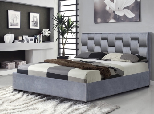 Łóżko 160x200 szare z pojemnikiem na pościel i podnoszonym stelażem zapewniające wygodę oraz dodatkową przestrzeń do przechowywania.