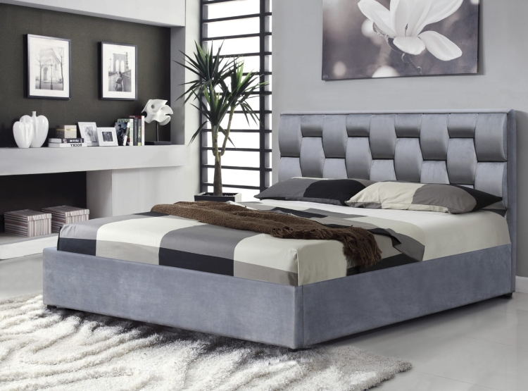 Łóżko 160x200 szare z pojemnikiem na pościel i podnoszonym stelażem zapewniające wygodę oraz dodatkową przestrzeń do przechowywania.