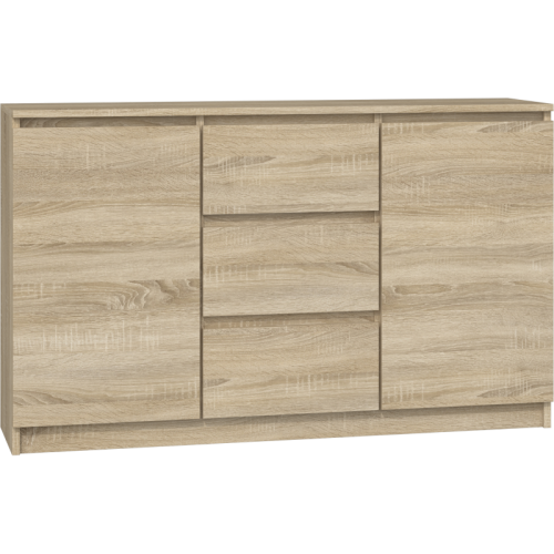 Komoda z szufladami 120 cm posiada trzy szuflady, dwie zamykane szafki oraz funkcjonalne półki wewnętrzne.