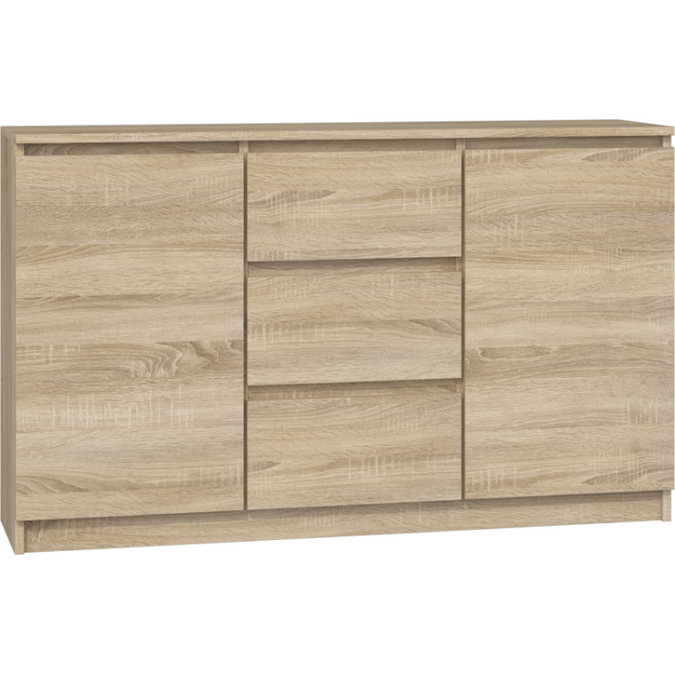 Komoda z szufladami 120 cm posiada trzy szuflady, dwie zamykane szafki oraz funkcjonalne półki wewnętrzne.