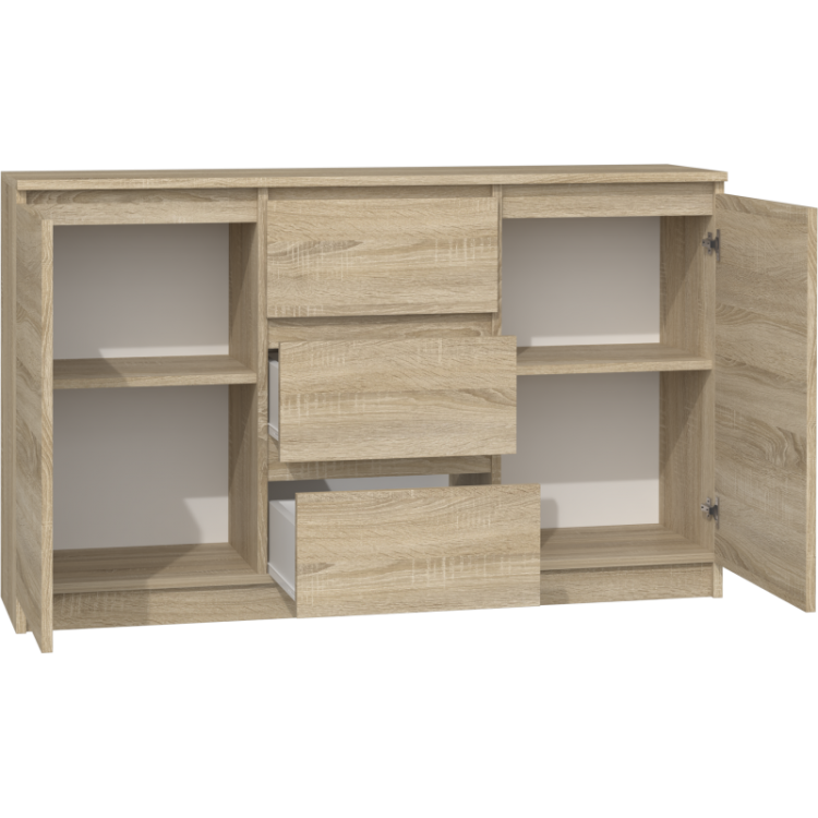 Komoda do salonu z półkami zapewnia wygodne przechowywanie oraz estetyczne uporządkowanie przestrzeni.