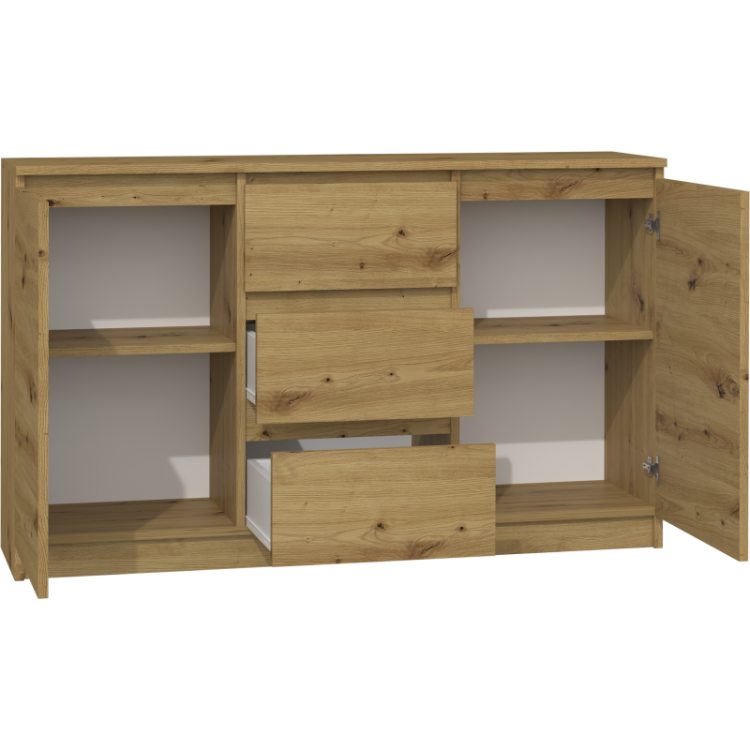 Komoda drewniana z szufladami oferuje wygodny system przechowywania w salonie lub sypialni.