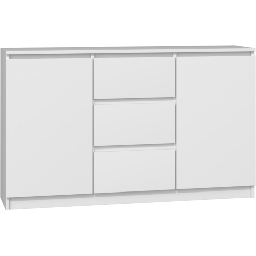 Komoda Biała MEGAN 2D3S 120 cm posiada trzy pojemne szuflady i dwie boczne szafki.