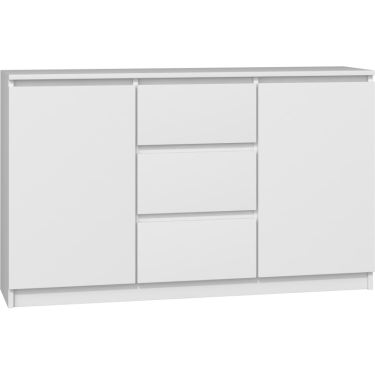 Komoda Biała MEGAN 2D3S 120 cm posiada trzy pojemne szuflady i dwie boczne szafki.