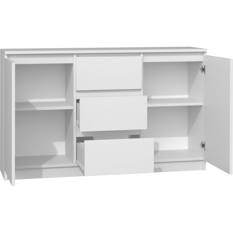 Biała komoda MEGAN 2D3S 120 cm dobrze sprawdza się w salonie i sypialni.