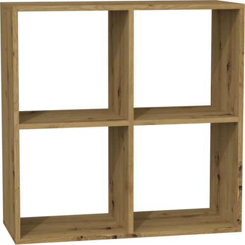 Regał dąb artisan z geometrycznymi komorami do przechowywania książek.