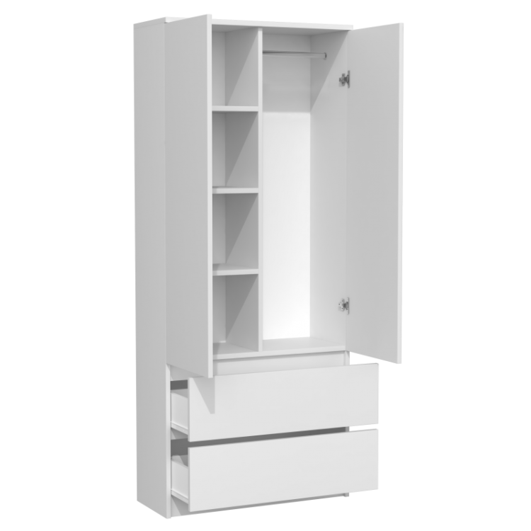 Szafa z szufladami biała mat z półkami i miejscem na odzież wiszącą.