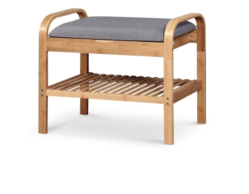 Siedzisko do przedpokoju ST12 60 cm w kolorze popielatym i naturalnego drewna łączy funkcję schowka, miejsca do siedzenia oraz półki na obuwie.