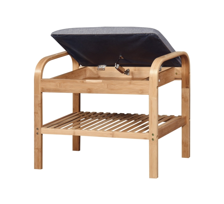 Ławka do przedpokoju ST12 o szerokości 60 cm ma popielate tapicerowane siedzisko, praktyczny schowek pod klapą oraz drewnianą konstrukcję.