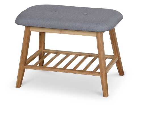 Ławka do przedpokoju popielata z półką na buty i miękkim siedziskiem.