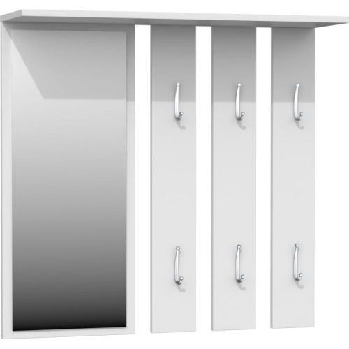 Wieszak do przedpokoju biały z półką i haczykami na odzież.