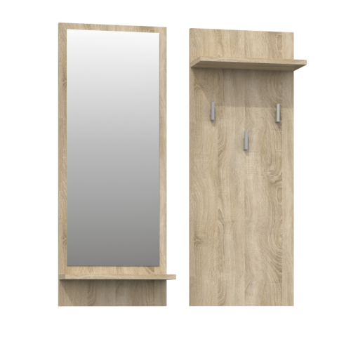 Wieszak do przedpokoju dąb sonoma z lustrem i półką na dodatki.