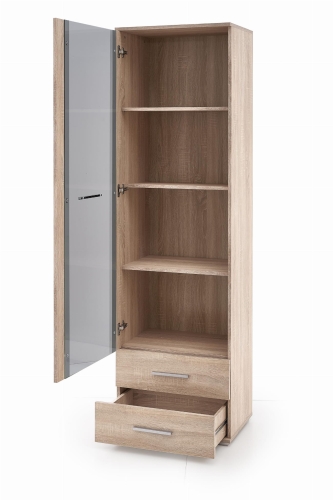 Witryna do salonu dąb sonoma przeszklona z funkcją przechowywania.