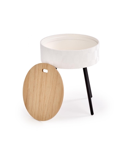 Stolik kawowy mały z funkcją przechowywania i zdejmowanym blatem z drewna.