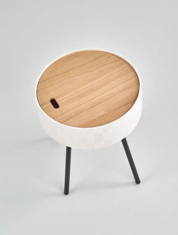 Stolik kawowy nowoczesny z ukrytym schowkiem i stabilnymi stalowymi nogami.